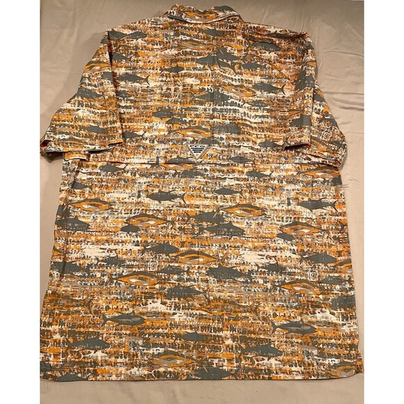 Columbia Shirt Men Size L Orange & Gray Fish Pattern PFG Button Up Fishing Shirt - Picture 2 of 10